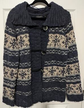GioGio Italy Blue Gray Snowflake Nordic Fair Isle Chunky Knit Cardigan Sweater L